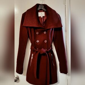 Guess Wool Blend Pea Coat Maroon Size M Lined Knit Collar & Cuffs